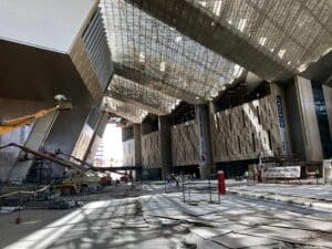 Hanging Obelisk at the Grand Egyptian Museum entrance Ramses II cartouche.